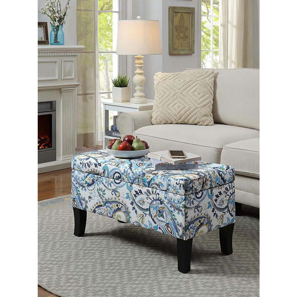Paisley Fabric Storage Ottoman with Dark Rubberwood Legs