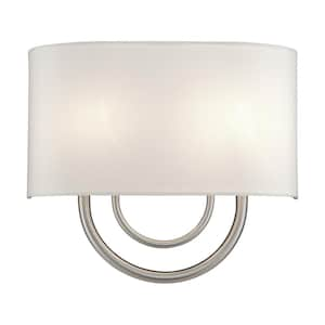 Stratton 13 in. 2-Light Brushed Nickel ADA Wall Sconce with Off-White Fabric Shade