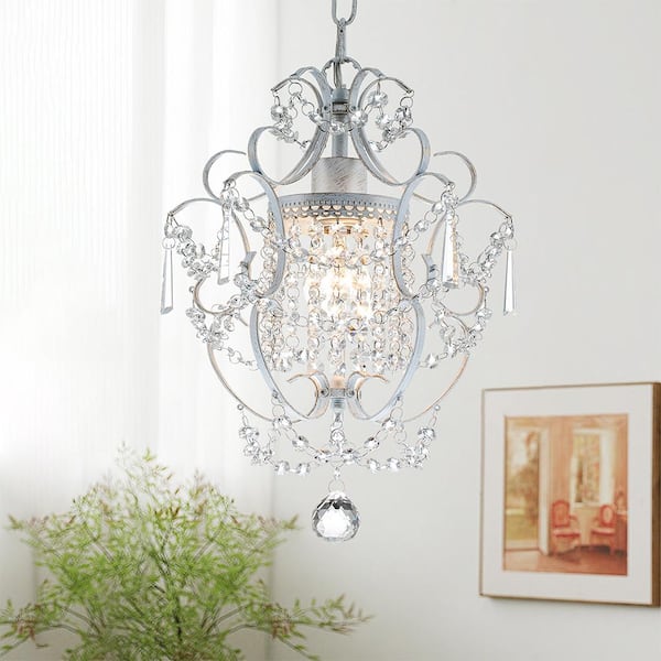 pasentel 1-Light White and Gold Mini Glam Chandelier for Kitchen Island with Clear Glass Hanging Crystals