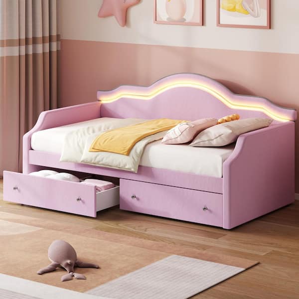 Pink Twin Size Upholstered Daybed with 2 Drawers and LED