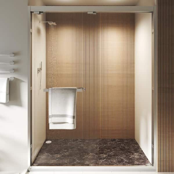 56 to 60 in. W x 76 in. H Double Sliding Framed Shower Door in Brushed Nickel with Clear Glass