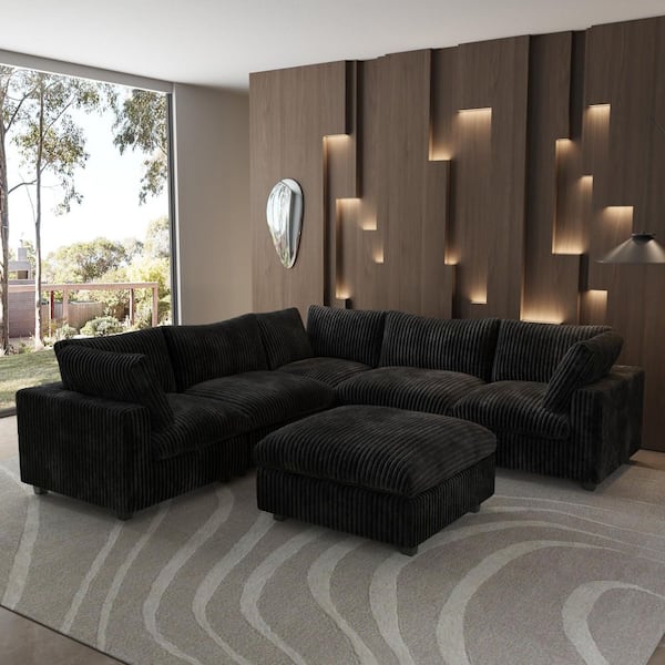 J&E Home Oversized 118.11 in. W Square Arm Rabbit Velvet Plush Modular Sofa in. Black with Removable Ottoman