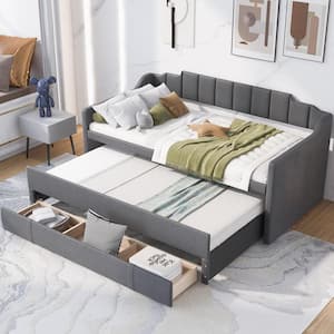 Gray Twin Size Upholstered Daybed with Trundle and 3 Drawers