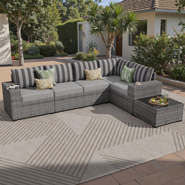 Baskra Gray 6-Piece Wicker Outdoor Loveseat Sectional Set with Dark Gray Stripes Cushion and Coffee Table
