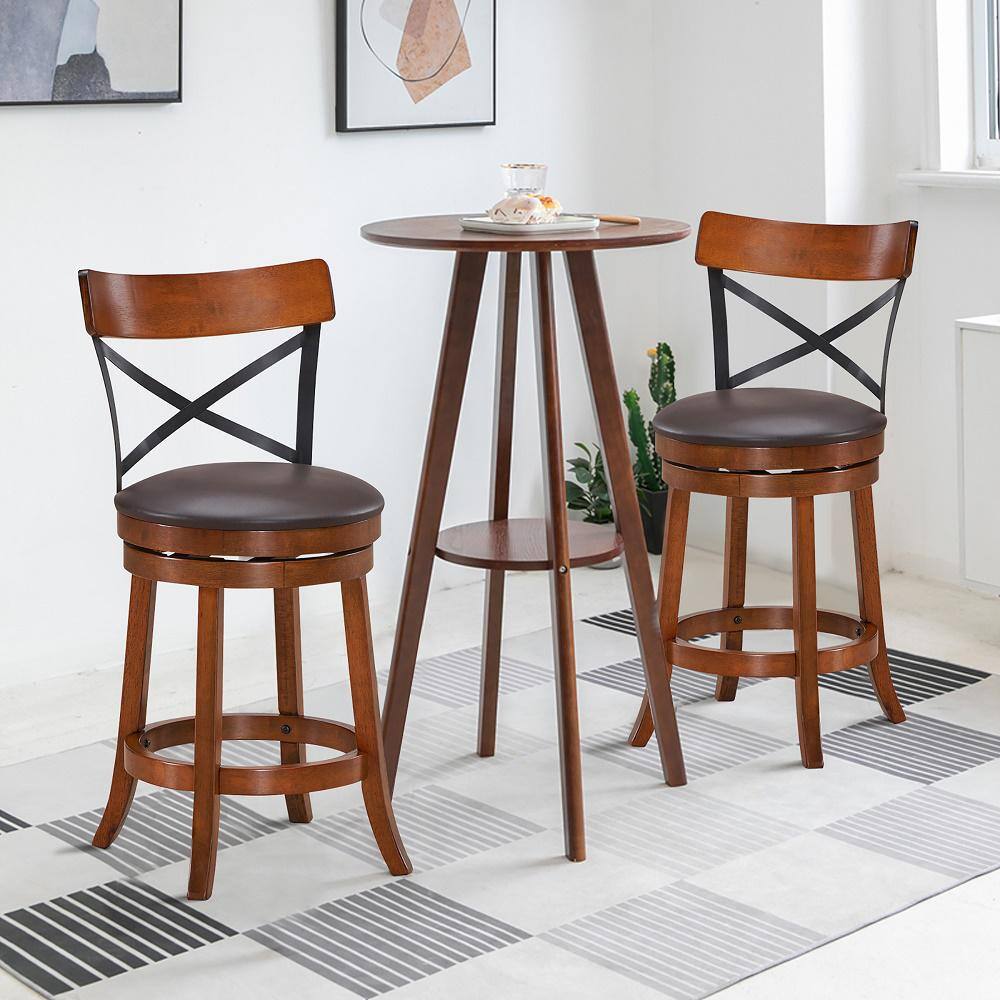 Set of 2 Swivel Brown Rubberwood Bar Stools with Metal Backrest