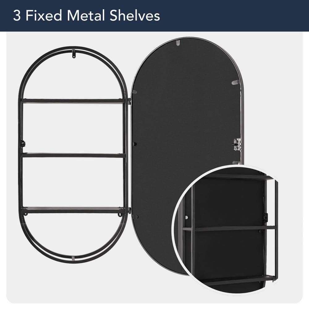 Black Metal Oval Vanity Mirror with Storage Shelves - 15" x 30"