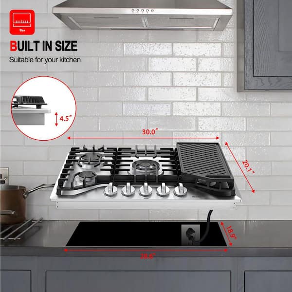 30 in. NG/LPG Convertible Gas Cooktop in Stainless Steel with 5-Burner with Thermocouple Protection