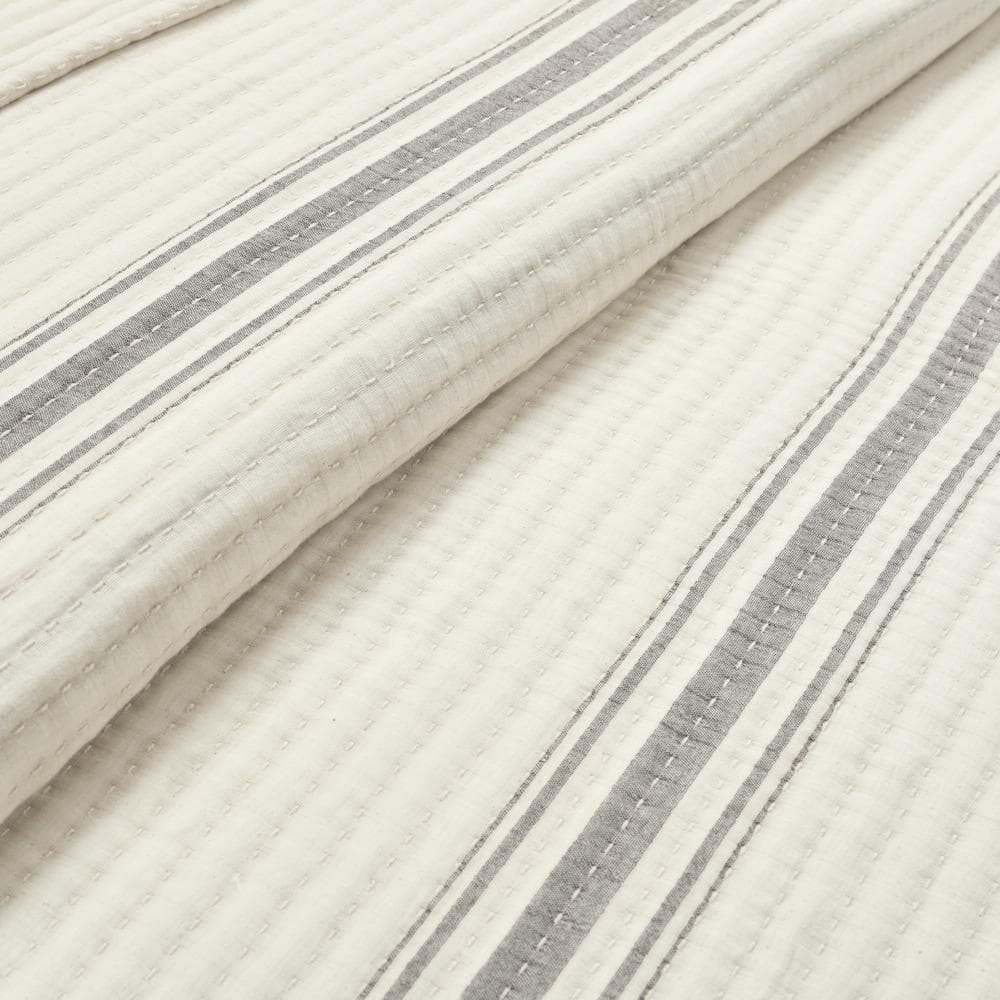 Full/Queen Gray Cotton Reversible Farmhouse Stripe Quilt
