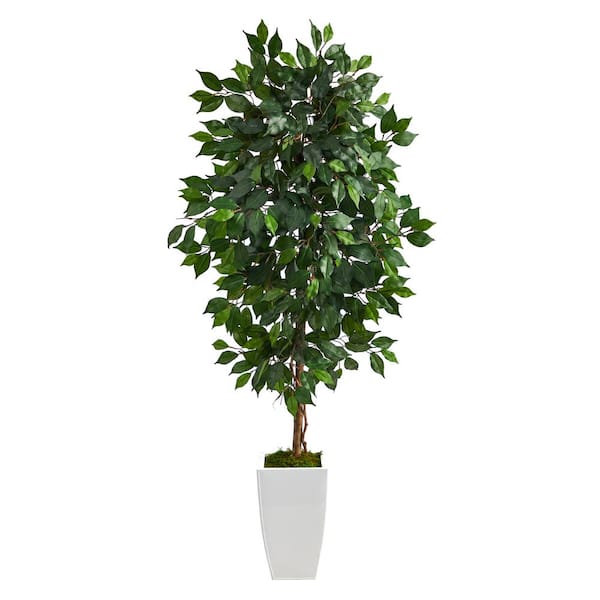 Nearly Natural 4.5ft. Ficus Artificial Tree in White Metal Planter