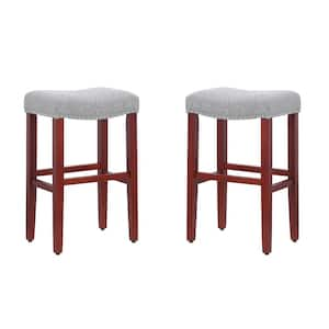 Jameson 29 in. Bar Height Cherry Wood Backless Barstool with Upholstered Gray Linen Saddle Seat Stool (Set of 2)