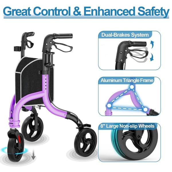 Wudkey 3-Wheel Foldable Rollator Walkers with Cane Hold and Cup