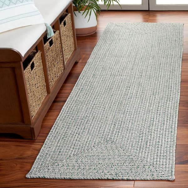 Braided Ivory/Green 2 ft. x 10 ft. Machine Washable Concentric Woven Runner Rug