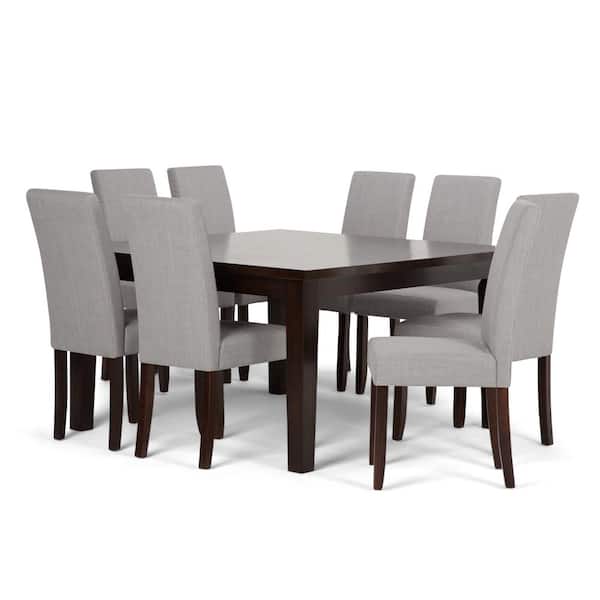 Simpli Home Acadian 9-Piece Dove Grey Linen Look Fabric and Wood Dining Set with 8-Upholstered Parson Chairs and 54 in. Wide Table