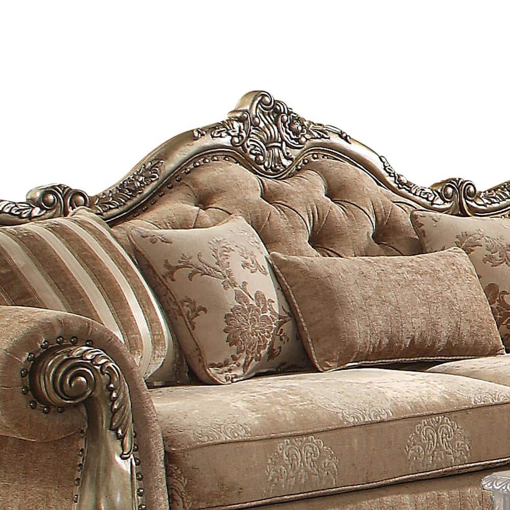 Ragenardus Vintage Oak & Tan Floral Tufted Sofa with Pillows