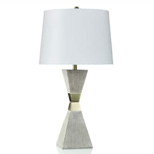 32.25 in. Antique Brass, Washed Gray Table Lamp with Off-White Linen Shade
