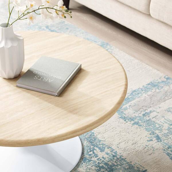 MODWAY Lippa 36 in. in White Travertine Round Wood Artificial