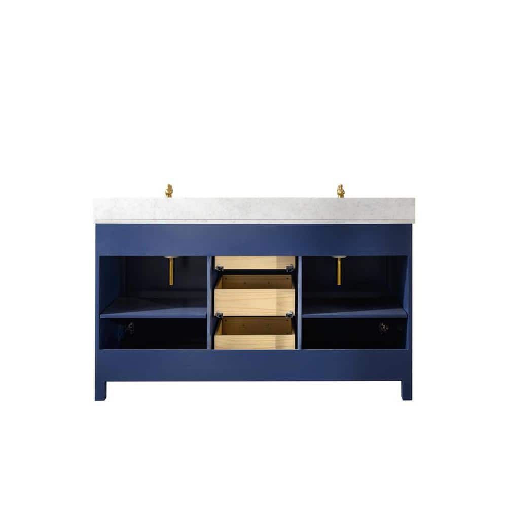 Blue Double Sink Vanity with Carrara Marble Top and Gold Hardware