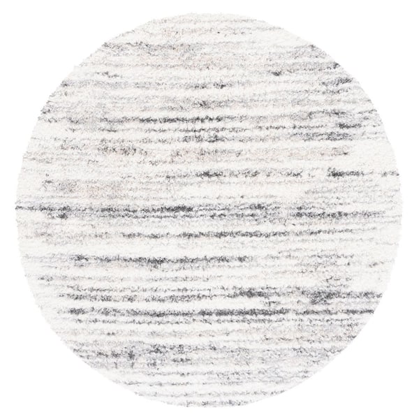 SAFAVIEH Berber Shag 7 ft. x 7 ft. Ivory/Gray Striped Abstract Round Area Rug