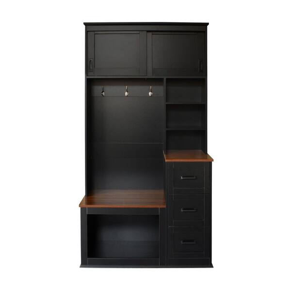 anpport Modern 73.1 in. H Black Hall Tree with Shelves and Drawers, 3-in-1 Versatile Entryway Bench with 3 Hooks