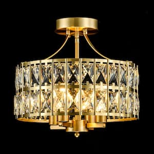 Madeline 12.59 in. 4-Light Round Gold Drum Semi Flush Mount Ceiling Light with Clear Crystal Glass Drum Shade