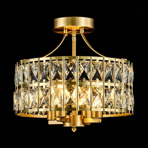 Rennnsan Madeline 12.59 in. 4-Light Round Gold Drum Semi Flush Mount Ceiling Light with Clear Crystal Glass Drum Shade