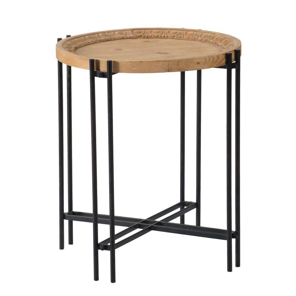 Benjara 21.5 in. Brown and Black Round Wood end table with Iron Frame