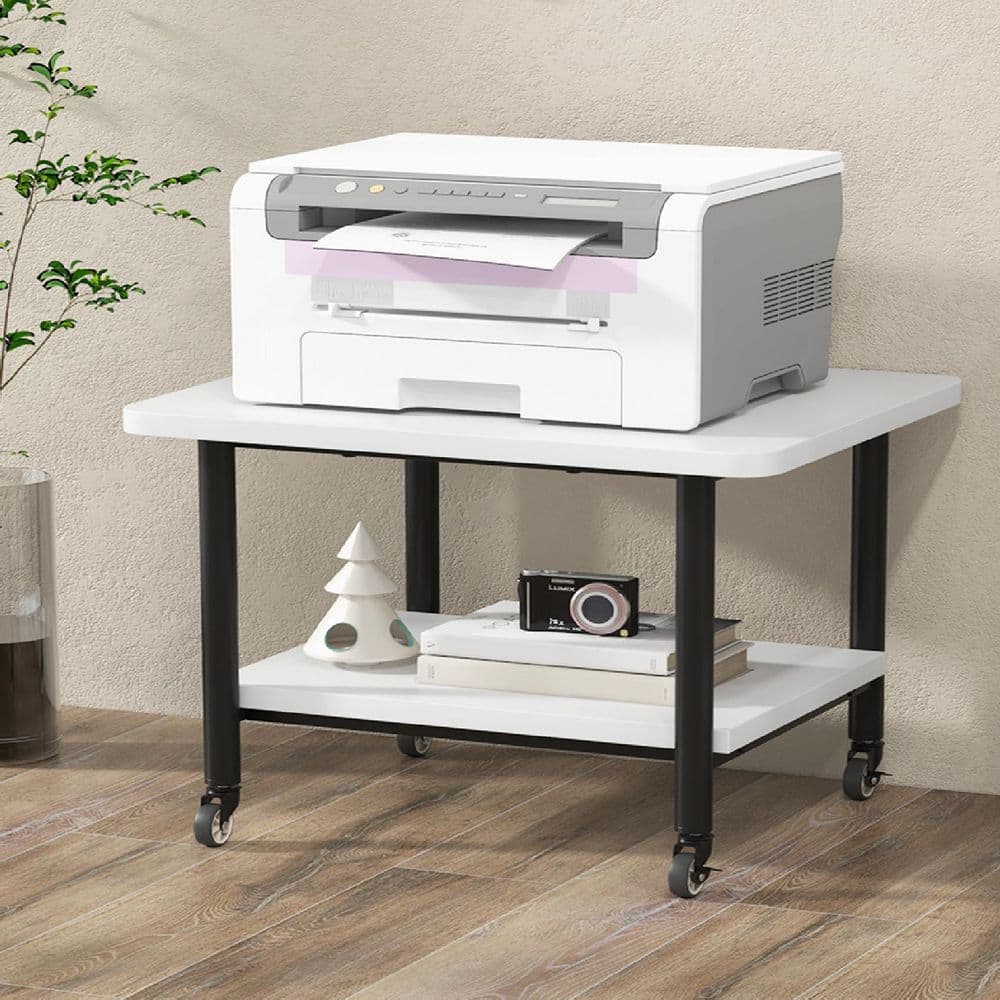 White 2-Tier Rolling Under Desk Printer Cart with Storage Shelves