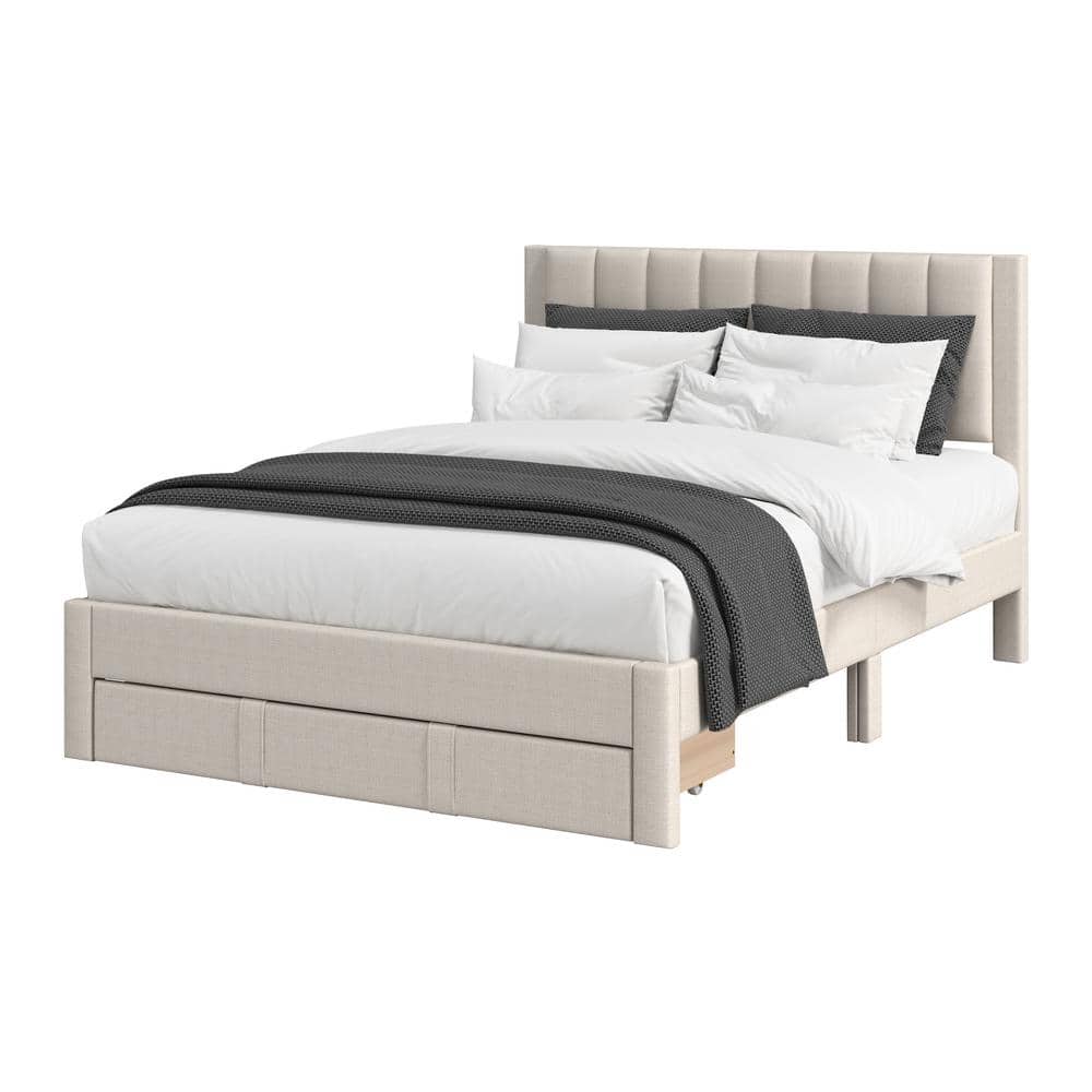 Beige Upholstered King Bed with Channel Tufted Headboard and Storage