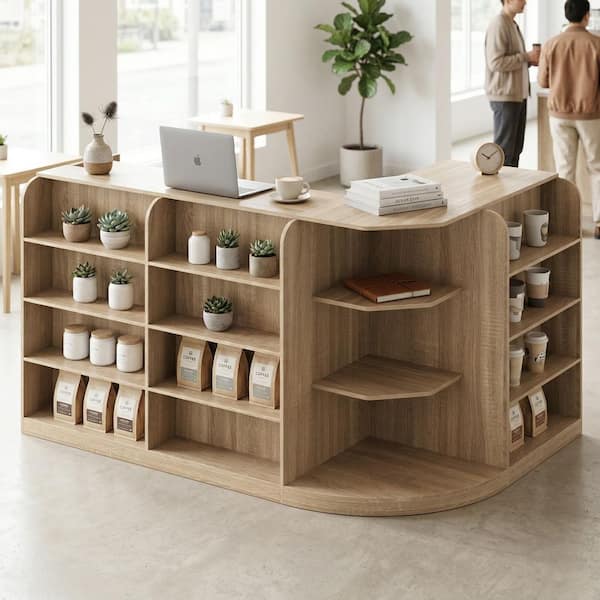70.9 in. L-Shaped Natural Wood 3-Drawer Desk with Reception Desk, 15 Open Shelves, Cabinet and Cable Management