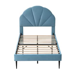 Light Blue Frame Twin Size of Luxury Velvet Platform Bed with Seashell-Shaped Headboard