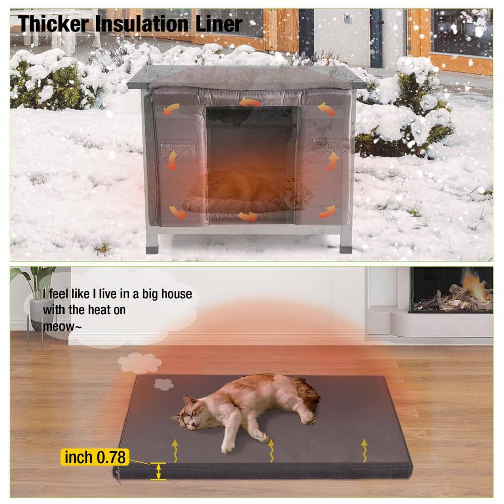 Insulated Gray Wooden Outdoor Cat House with Thermal Liner
