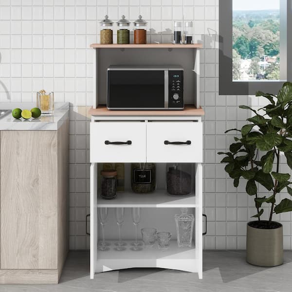 FUNKOL 23.62 in. x 15.75 in. x 49.41 in. 4-Layer White MDF Ready to Assemble Kitchen Cabinet w/Microwave Cabinet and 2-Drawers