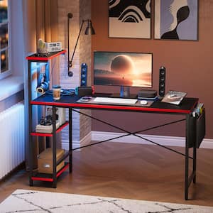 51 in. Rectangular Black Carbon Fiber LED Gaming Desk with 4-Tier Reversible Storage Shelves and Storage Bag