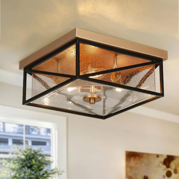 Zevni 3-Light Dark Gold Flush Mount Light with Square Seeded Glass Panels, 12 in. Modern Flat Black Ceiling Light for Entryway