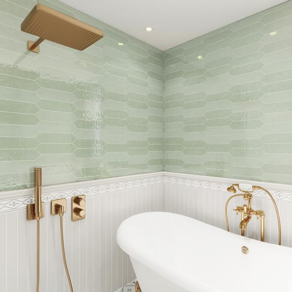 Glossy Ceramic Picket Hexagon Subway 3 in. x 12 in. x 10 mm Wall Tile Case- Sage (20-Tile Pieces/5 sq. ft.)