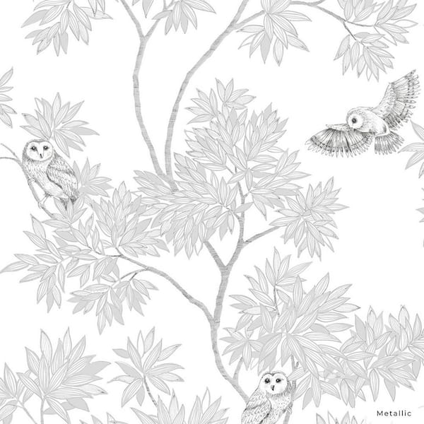 Tempaper Metallic Snow White Parliament Owls Unpasted Wallpaper Roll (Covers 56 sq. ft.)