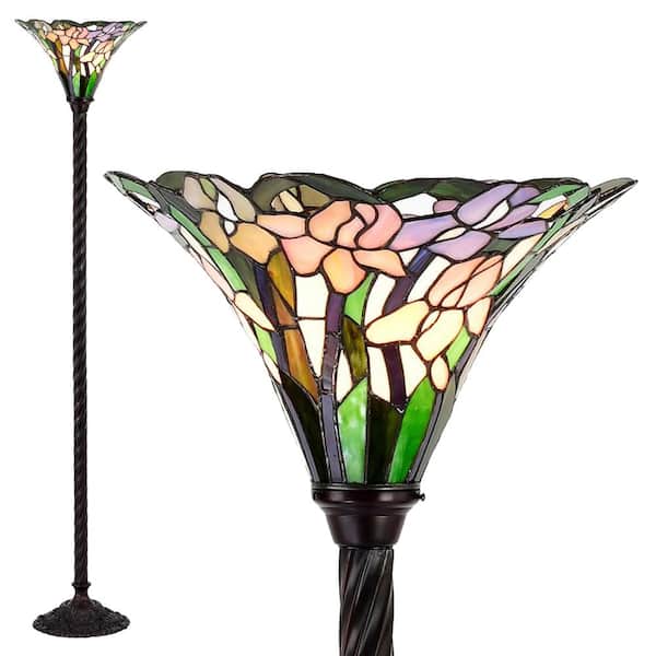 72 in. Antique Bronze Iris Stained Glass Floor Lamp with Foot Switch