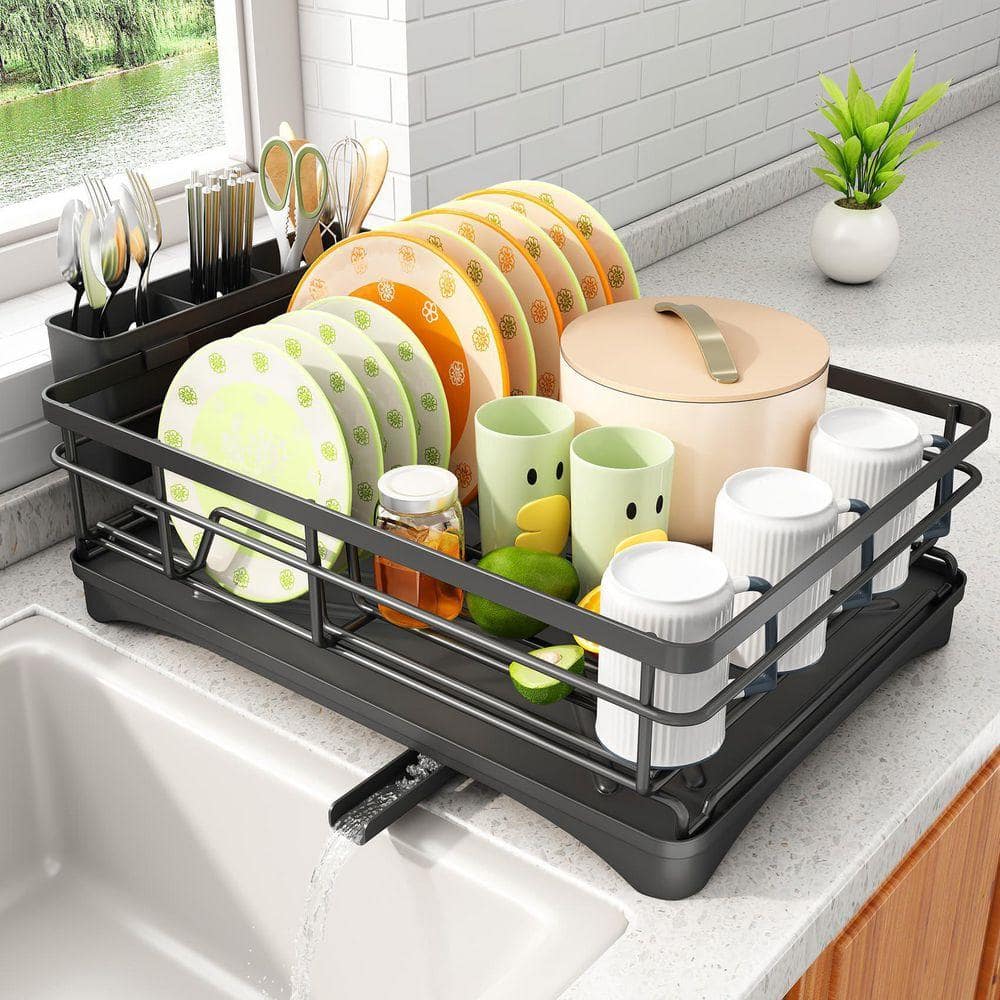 Kitchen Trail Rack Lynzavix Black Stainless Steel Dish Rack for Kitchen Counter with Large ...