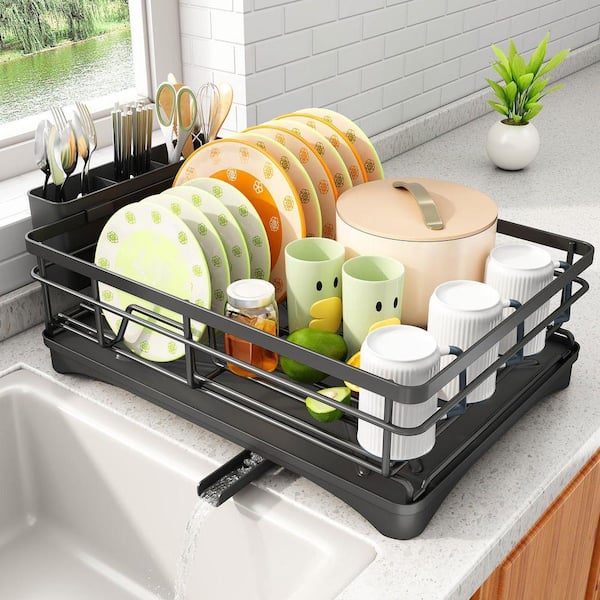 Black Stainless Steel Dish Rack for Kitchen Counter with Large Capacity and Cutlery Holder