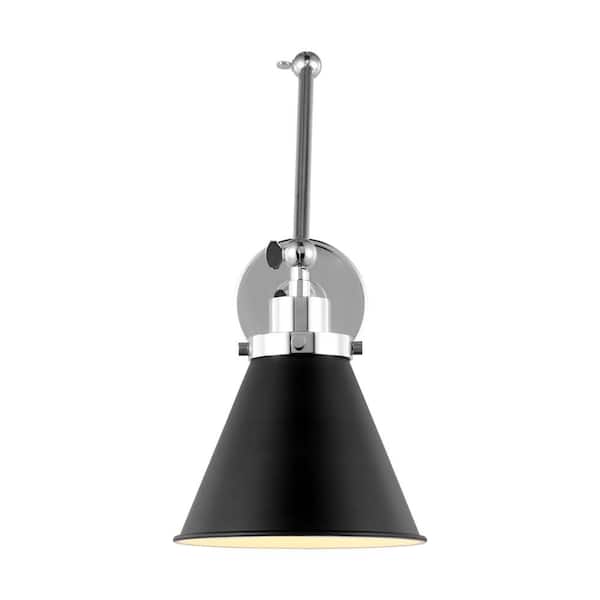 Generation Lighting Wellfleet 7.25 in. W 1-Light Midnight Black/Polished Nickel Double Arm Cone Task Wall Sconce with Steel Shade