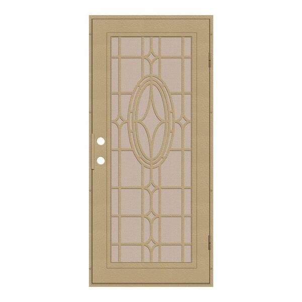 Unique Home Designs 30 in. x 80 in. Modern Cross Desert Sand Right-Hand Surface Mount Security Door with Desert Sand Perforated Screen