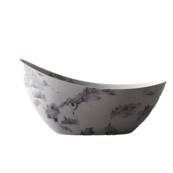 73.491 in. x 31.44 in. Freestanding Solid Surface Bathtub in White with Ink-Wash Marble Veining, Moon-Shaped Design