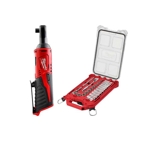 Milwaukee M12 12V Lithium Ion 3 8 in. Cordless Ratchet w 3 8 in. Drive SAE Ratchet and Socket Mechanics Tool Set w PACKOUT Case 2457 20 48 22 9481 The Home Depot