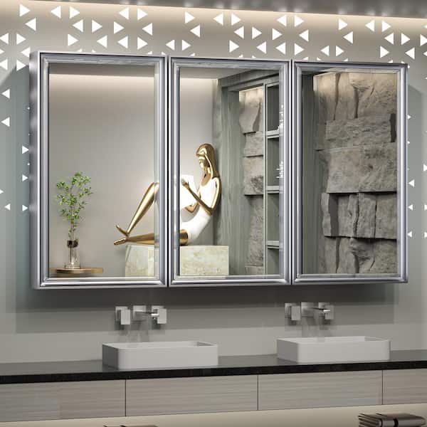 KeonJinn 48 in. W x 30 in. H Rectangular Aluminum Alloy Silver Framed Recessed/Surface Mount Medicine Cabinet with Mirror