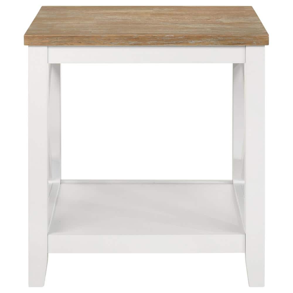 Coastal Brown and White Square Wooden End Table with Shelf