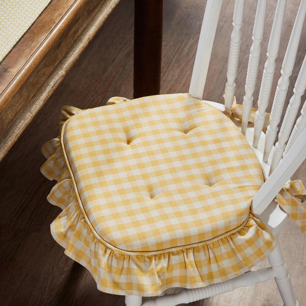 Vintage Yellow and White Checkered Cotton Ruffled Chair Pad