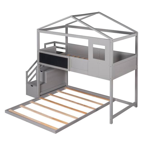 URTR Twin Over Full House Bunk Bed with Storage Staircases and