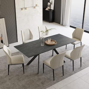 7-Piece Beige Chairs and Gray MDF Wooden Extendable Dining Table, Dining Table Set w/6-Solid Back Chairs for Dining Room