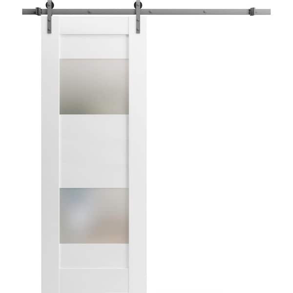 VDOMDOORS 30 in. x 80 in. 1 Panel Frosted Glass White Solid MDF Sliding Barn Door with Hardware Kit