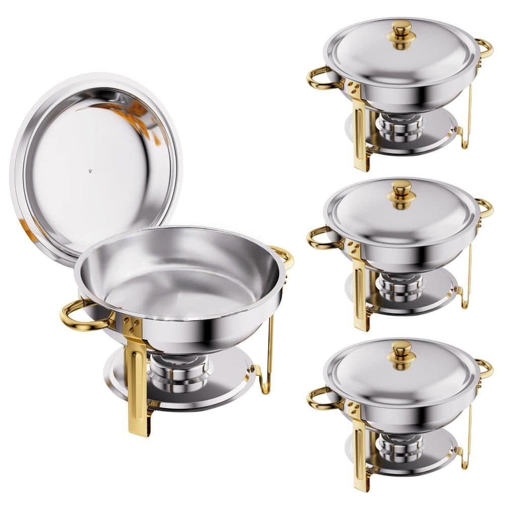 6 qt. Gold Round Chafing Dish Set, Silver Stainless Steel Buffet Warmer with Lid for Catering (4-Pack)